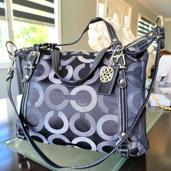 COACH Penelope Black and Gray OP Signature Monogram Sateen Pristine!! - Picture 1 of 15